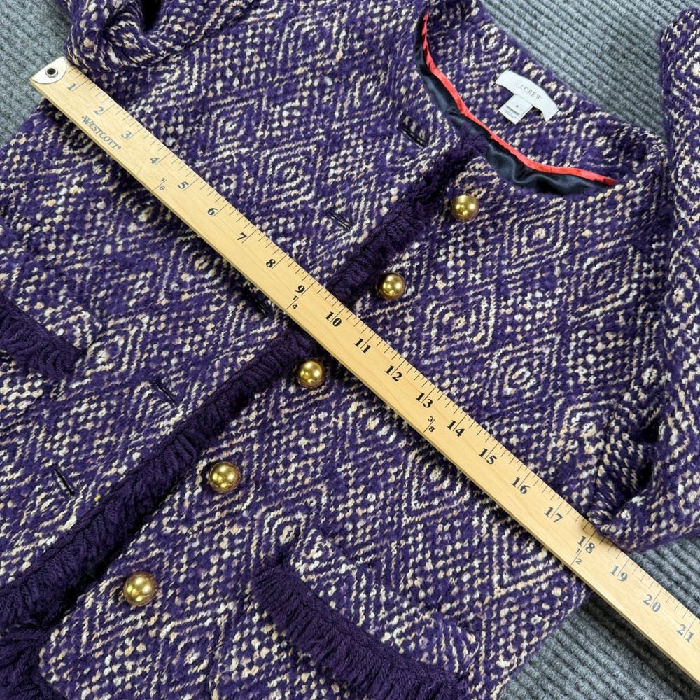 J.Crew Purple‎ Diamond Tweed Jacket Womens 6 Gold Button Fringe Trim Wool Blend - Picture 10 of 13